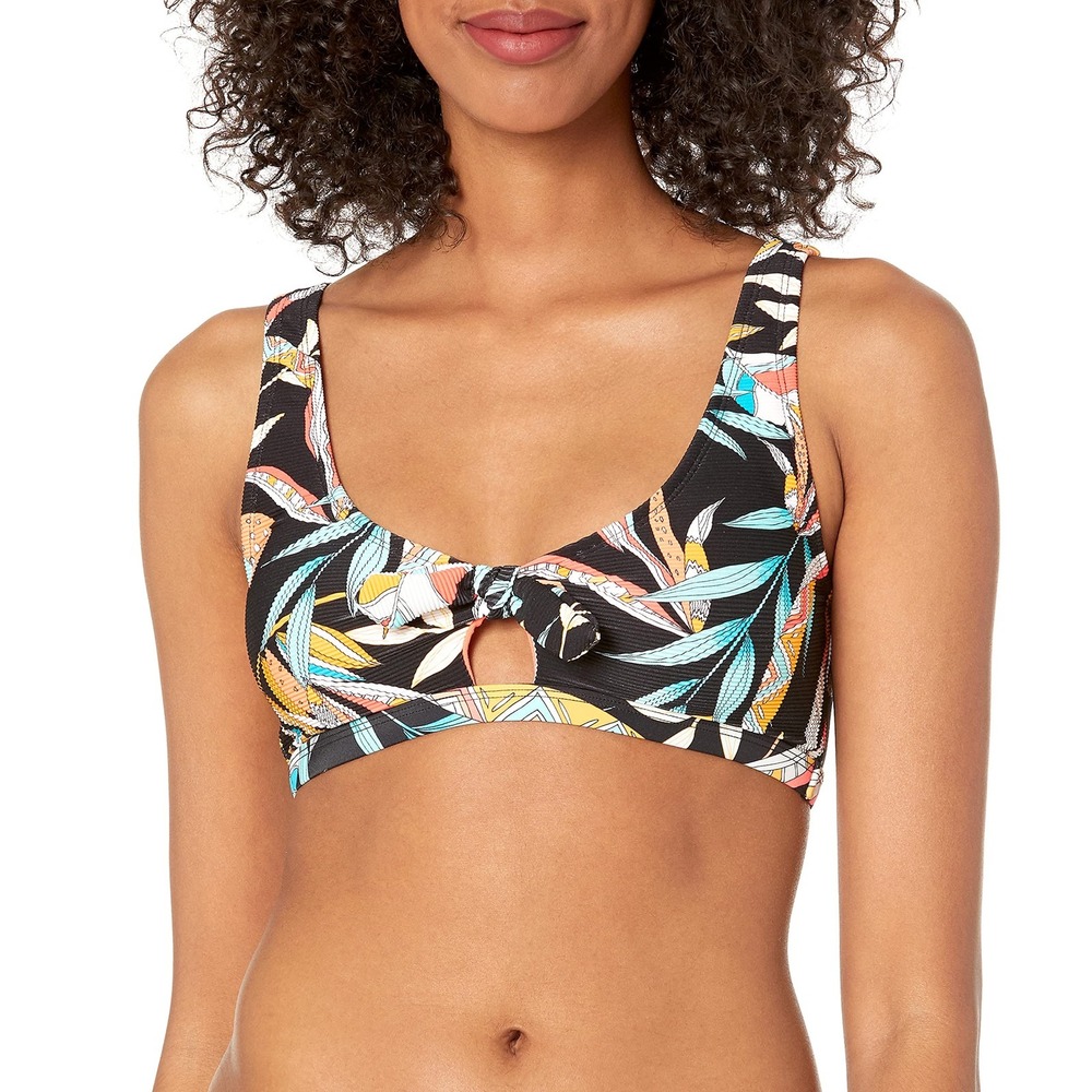 O'Neill Bikini Top Women Medium Black Multi Tropical Ribbed Front Tie